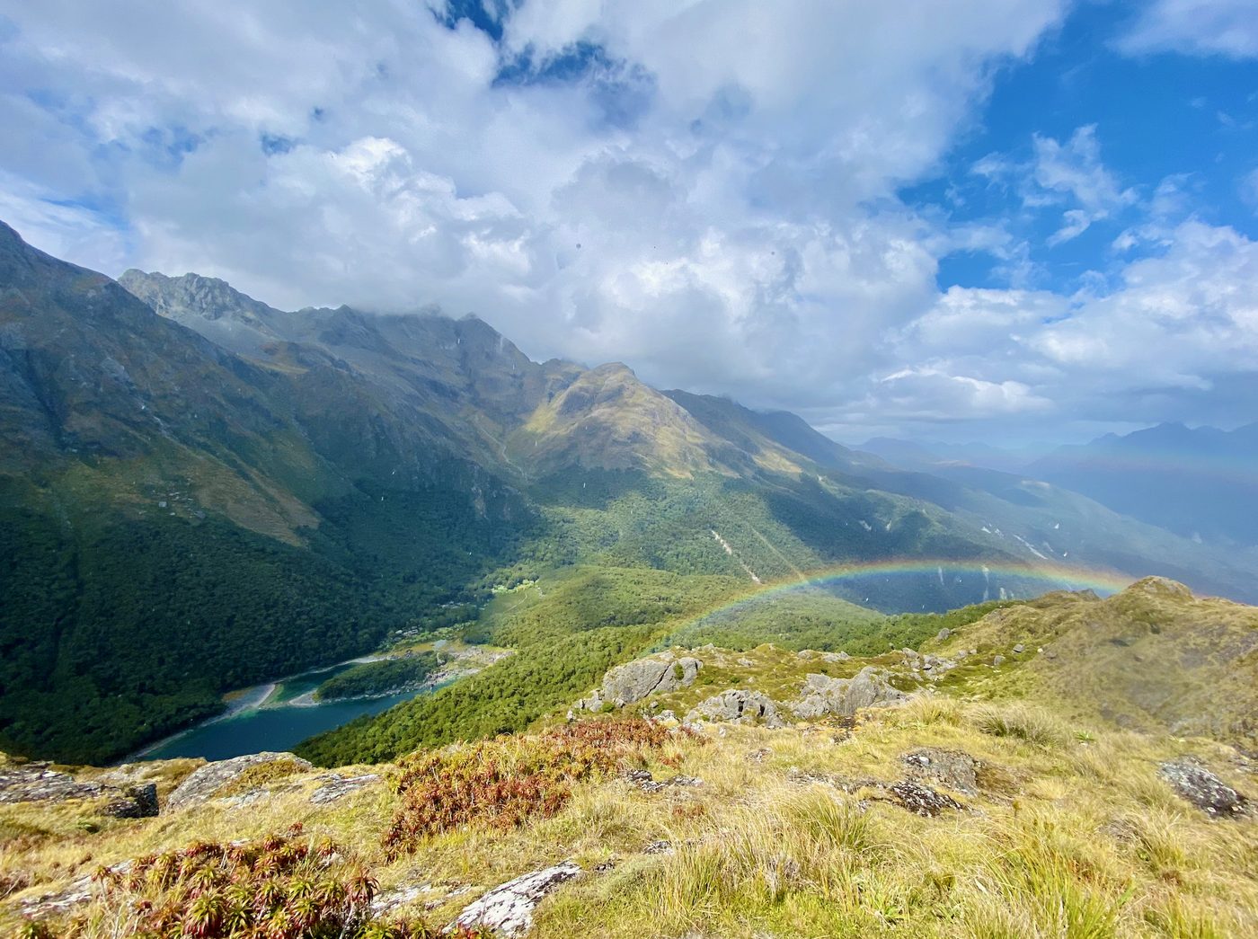 Looking down over a bush-covered valley in Fiordland, New Zealand, with a rainbow arcing across it
